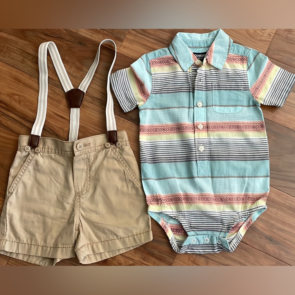 Baby Osh Kosh Outfit Khaki Shorts Onesie Suspenders